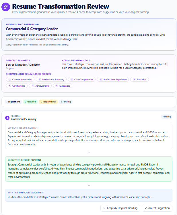 Screenshot: Review AI Resume Suggestions